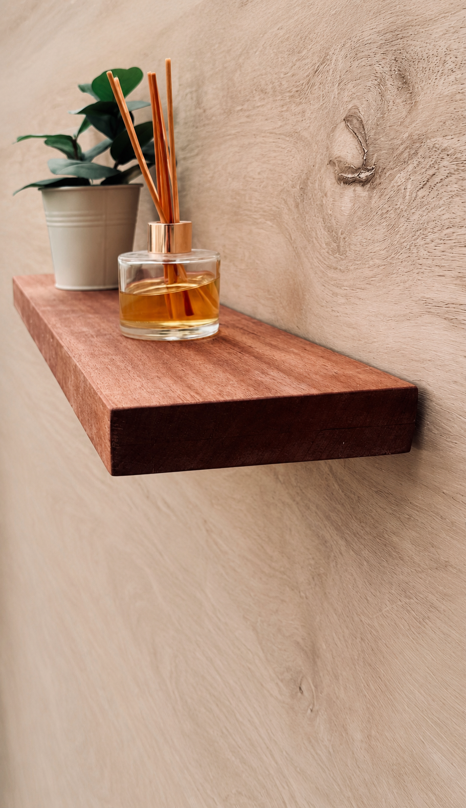 Hand-finished entryway shelf - detail of mahogany