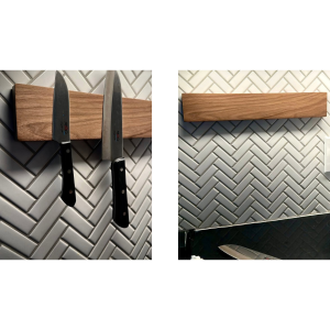 Walnut magnetic knife holder mounted on tile with knives